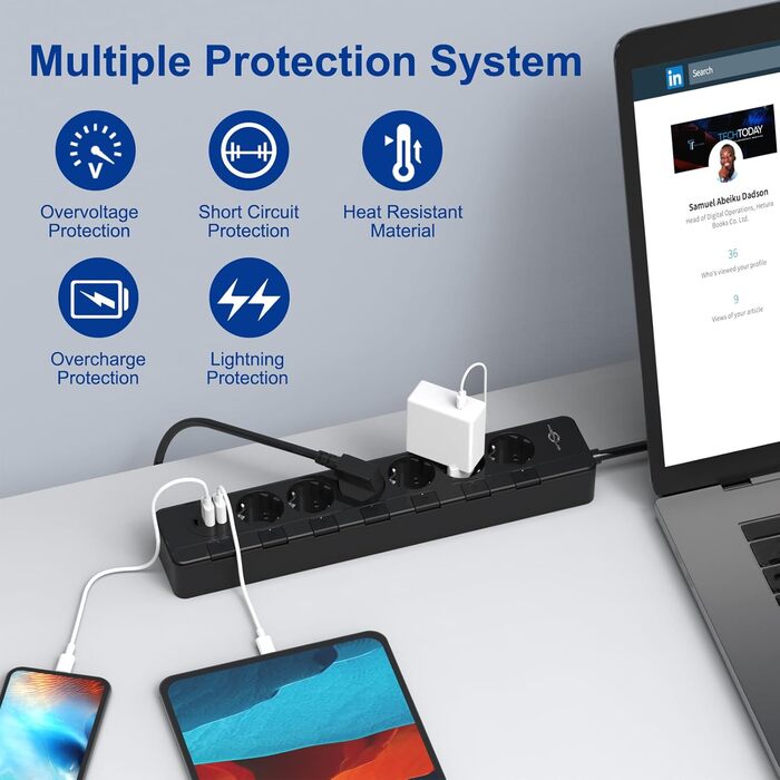 Мережевий фільтр KEPLUG з USB, 4000W, 16A, 6 розеток, 2м кабель, захист від перенапруги, дитячий захист, чорний