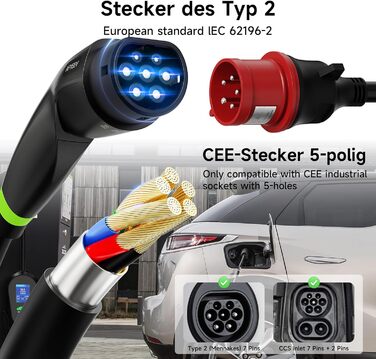 Кабель для зарядки електромобіля Type 2 11кВт, 7м, 3 фази, 6-16A, мобільна Wallbox з CEE роз'ємом, регульована потужність