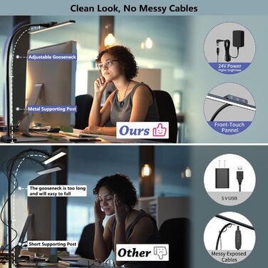 LED Desk Lamp with Adjustable Neck, 1200 Lumens, Dual Head Clamp-On for Home Office, Eye Protection, Gooseneck, Office Table Lamp, Monitor Light with 5 Color Temperature & Brightness Levels (Black-Metal Base)