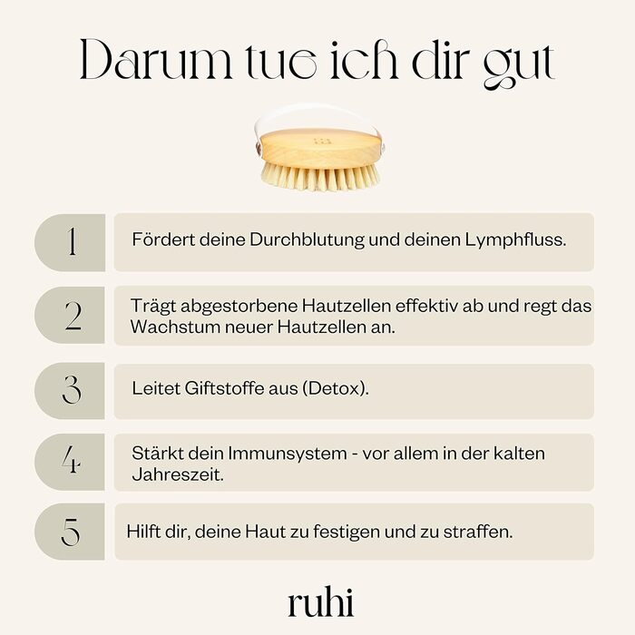 RUHI Body Brush Round - 100% Natural Bristles - Made in Germany / FSC-Certified Beechwood / Plastic-Free / For Dry Brushing Massage (dry brush) / Lymphatic Drainage Against Cellulite