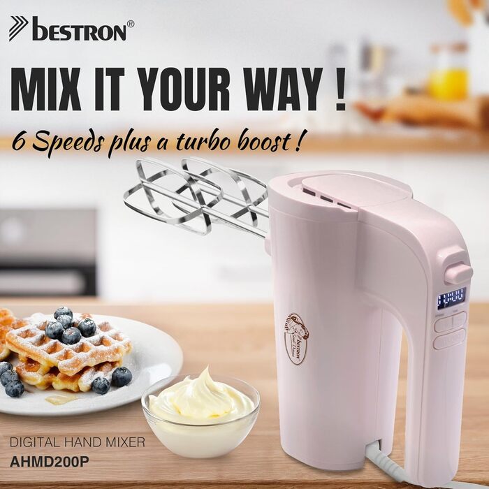 Міксер ручний Bestron Power з 6 рівнями, Turbo-функцією та LCD-дисплеєм, рожевий (2 вінчики + 2 гаки)