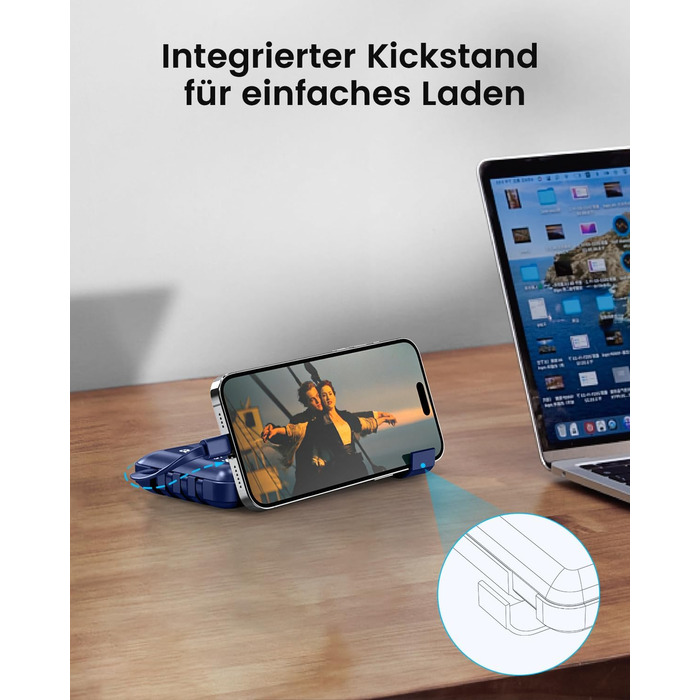 Powerbank 26800mAh з 4 вбудованими кабелями, 22.5W, LED дисплеєм та підставкою, блакитний. Сумісний з iPhone, iPad, Samsung Galaxy.