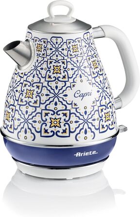 Ariete Vintage Electric Kettle 2869 - 1.7L Stainless Steel Retro Kettle with Water Level Indicator, Cordless 360° Base, Auto Shut-Off, Tea Infuser, Blue & White