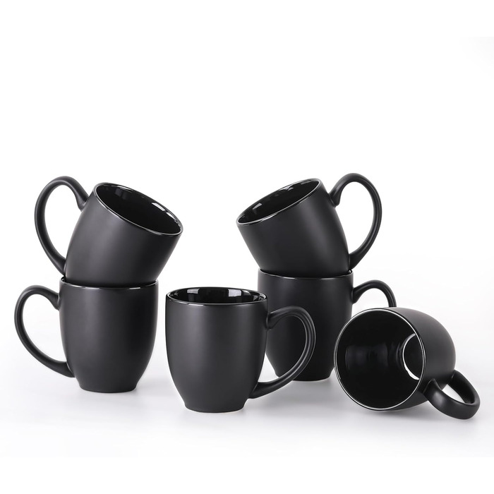 DOWAN Coffee Mug Set, 6 x 470ml Large Porcelain Coffee Mugs, Mugs with Handle, Matte Ceramic Mug for Coffee, Tea & Hot Chocolate, Black Coffee Cup Set