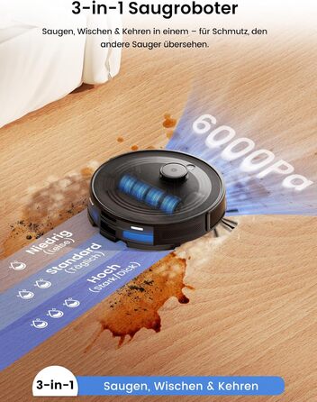 Робот-пилосос LEFANT M2 Pro з потужністю 6000 Pa, автоматичною витяжкою сміття, лазерною навігацією та картографією, індивідуальним прибиранням, уникненням перешкод PSD, ідеальний для видалення шерсті тварин, білий (M2Plus)