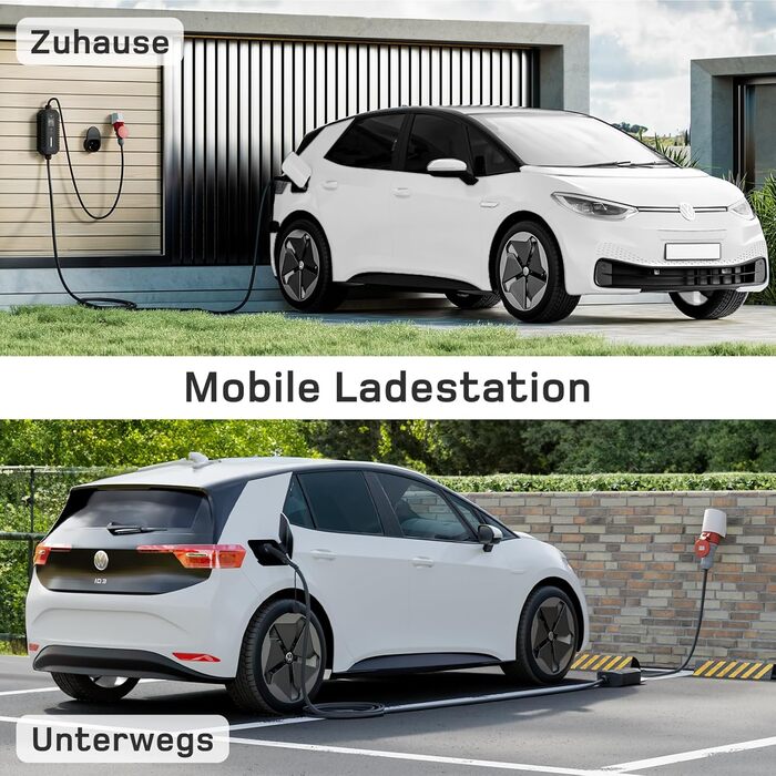 Мобільна зарядна станція/Wallbox Dé 11 кВт (3-фазна) з регульованою потужністю, кабель CEE 16A на Typ 2, сумісна з Model Y/3, ID.3/4/5, MG4, EX30, e-up, e-tron, Zoe та інші електромобілі