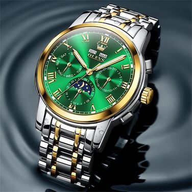 Чоловічий механічний годинник OLEVS з автопідзаводом, золотисто-сріблястий сталевий браслет, зелений циферблат, фаза місяця, водонепроникний, бізнес-клас