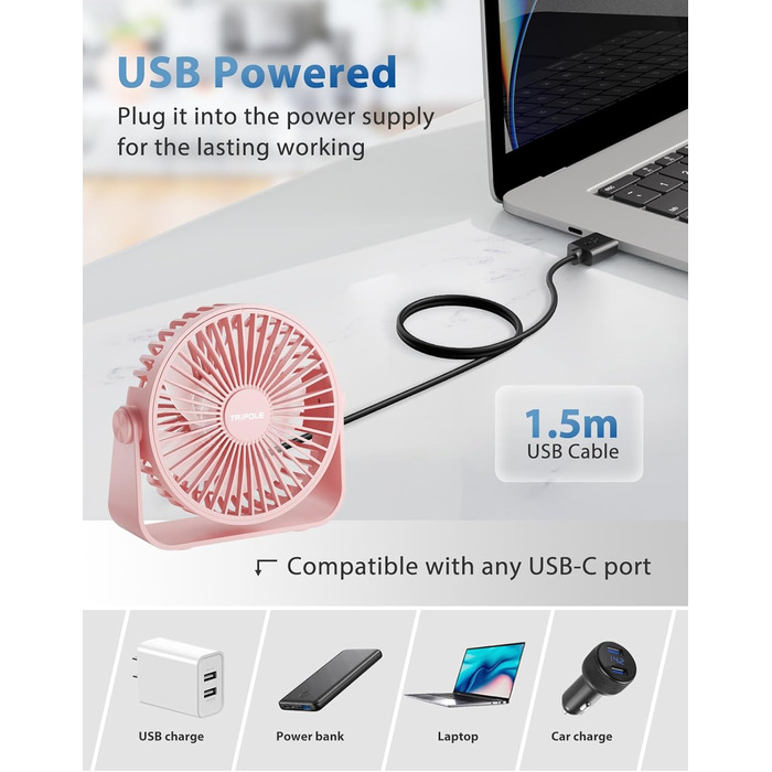 Триполю USB Настільний Вентилятор, 3 швидкості, регульований, потужний потік повітря, 360° обертання, кабель 1,5 м, рожевий, компактний міні-вентилятор