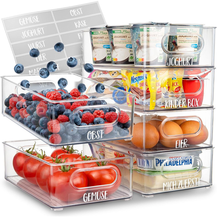 Refrigerator Organizer 6-Piece Set [with 16 Stickers] Premium Kitchen Organizer | Storage Box Organizer for Refrigerator | Food Storage Containers | Stackable | BPA Free
