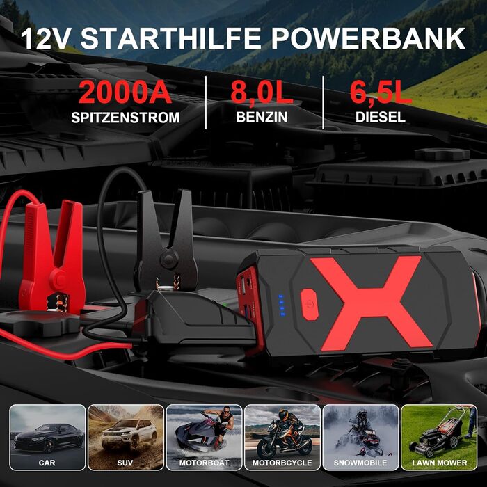 Powerbank для автомобіля POWKEY 2000A: пусковий пристрій, LED, 2 USB, 12V, для бензину/дизеля