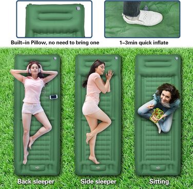 Isomatte ORIEVIR для кемпінгу та подорожей: товста 12 см, з подушкою та насосом, ультралегка, зелена