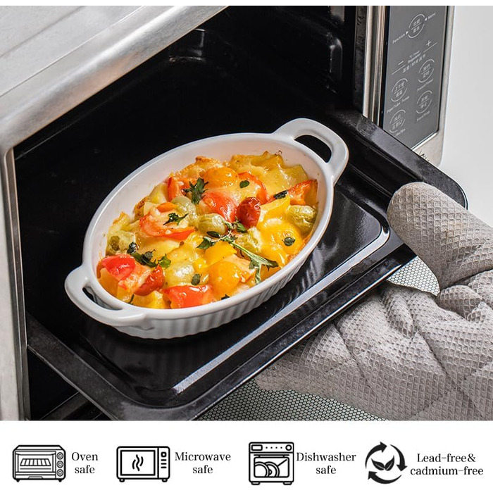 Frewinky Au Gratin Casserole Dish Set, Ceramic, with Handles, Heat-Resistant, Mini Casserole Dishes for Oven, Oval Porcelain Baking Dishes for Gratin, Casseroles and Roasting, 4-Piece Set, White 4 PCS White (Soft White)