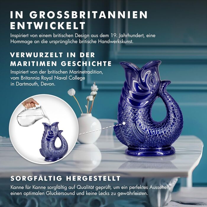 Water Carafe Ceramic Pitcher in Fish Shape - 1.5 L, Dark Blue - Fish Carafe with Gurgling Sound for Fun Pouring of Water, Wine & More - Bubble Jug Carafe Fish - Fish Pitcher