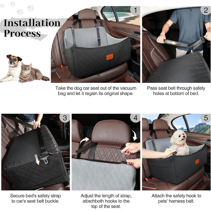 Wooaidagg Dog Car Seat for Medium & Large Dogs - Washable Memory Foam Pet Car Bed with 2 Leashes (Black/Grey)