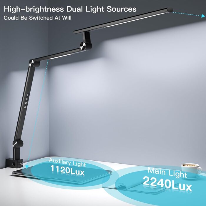 VERSKI LED Desk Lamp with Adjustable Brightness & Color Temperature - 18W Dual Light Source, Clamp-On, Eye Protection, Daylight Lamp for Home Office & Study