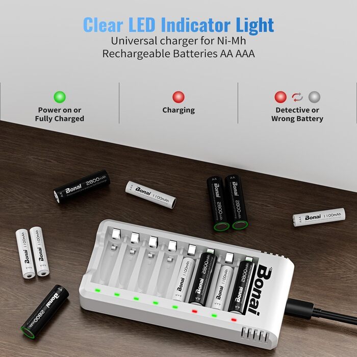Зарядний пристрій BONAI для акумуляторів AA/AAA NI-MH з LED-дисплеєм та USB-зарядкою, 8 слотів