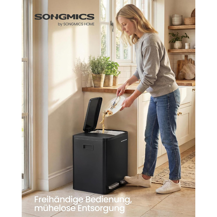 Сміттєвий відер SONGMICS PARY LTB160EZ01 для кухні, 2 відсіки по 15 л, нержавіюча сталь, кришка Soft-close, педальний механізм, сріблястий (чорний), з 15 пакетами
