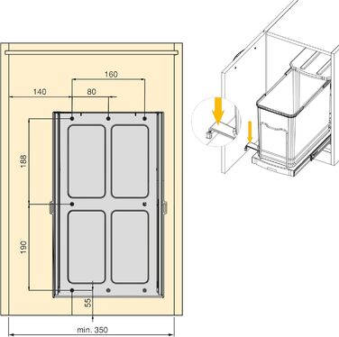 Відро для сміття Emuca кухонне з підскладною фіксацією, 2 висувні контейнери по 20 л, загальний об'єм 40 л (2 x 20 л), сталь та пластик, сірий колір.
