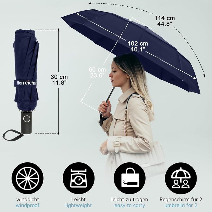 Зонт Herreicher туристичний автоматичний штормостійкий - легкий алюмінієвий каркас, компактний, складаний, двошаровий, тканина 210T, розмах 102 см, 10 спиць, для чоловіків/жінок/дітей/літніх людей (синій)