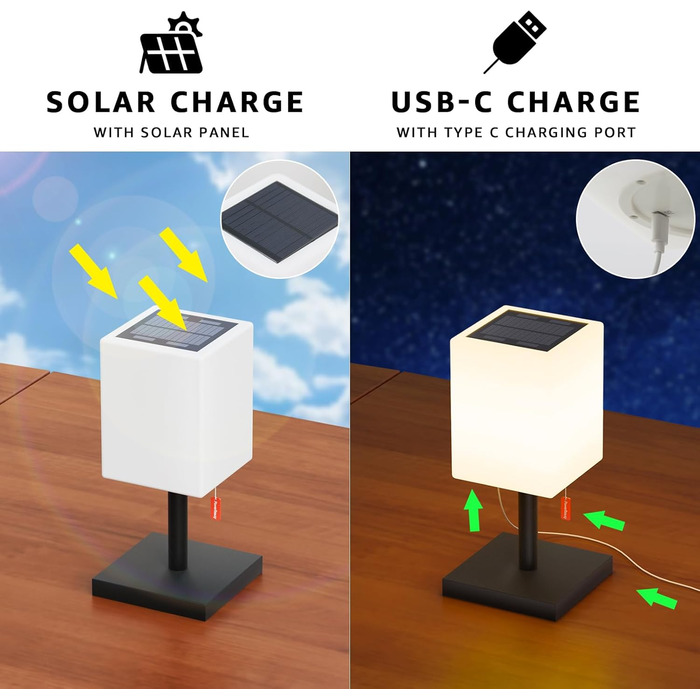 Світлодіодний солярний настільний світильник для вулиці 2-в-1, чорний - бездротовий, з сонячною зарядкою, 8 кольорів, для саду, кемпінгу та столу