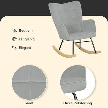 HOMCOM Rocking Chair, Rocking Armchair with Velvet Look, Armrests, Chair with Wooden Skids, Reclining Chair for Living Room, Bedroom, Light Grey | Aosom