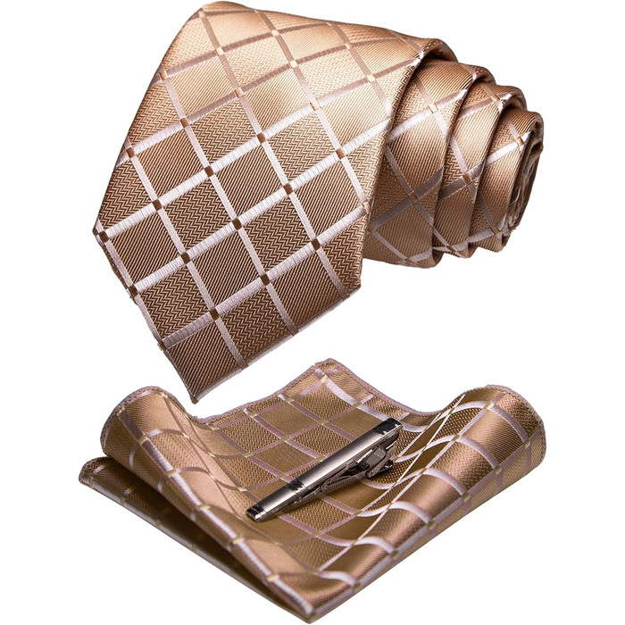 Чоловіча краватка та хустинка до костюма JEMYGINS в клітку, колір шампань, з затискачем для краватки