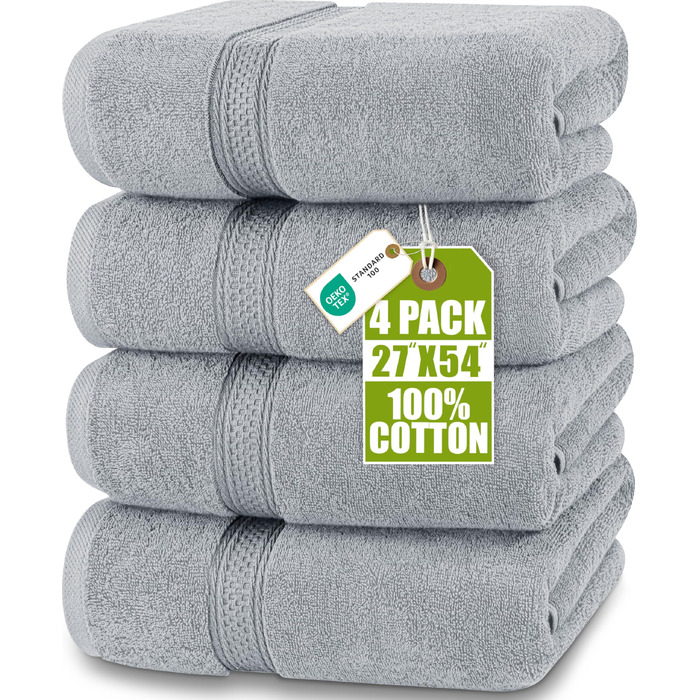 Набір банних рушників Utopia Towels (4 шт.), 69 x 137 см, 100% бавовна, гігроскопічні м'які рушники для душу з петлею для підвішування, колір: світло-сірий