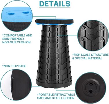 Тeleskopний стільчик, складаний туристичний стільчик для кемпінгу, риболовлі, барбекю та дому