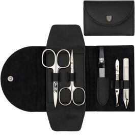 Набір манікюру DREI SCHWERTER 'Anzio III' 5 шт. | Набір для догляду за нігтями в шкіряному етажері чорного кольору | Зміст: кусачки для нігтів, ножиці для кутикули, пінцет, алмамна пилка для нігтів, засіб для очищення нігтів (шкіряний етажер - чорний Anzio I)