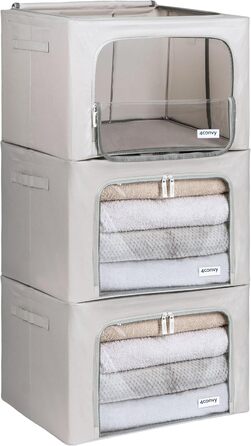 Collapsible Storage Box for Clothes with Zipper, Metal Frame - [2024 IMPROVED MATERIAL] Duvet Storage Bag – Sturdy Clothing Storage Box (Gray, 3x66L)