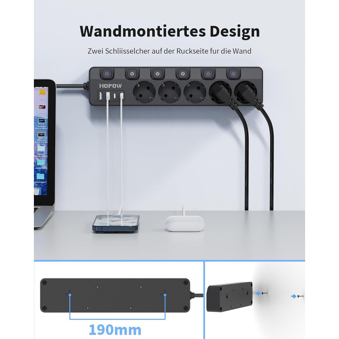 Мережевий фільтр 9-в-1 з індивідуальним вимикачем, 5 розеток, 4 USB-порти (3680W, 16A), захист від перенапруги 1050 Дж, настінний монтаж, 2 м кабель - для дому, офісу та подорожей, чорний