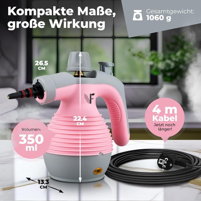 Neighbour's Friend® Handheld Steamer in Pink – Powerful Handheld Steamer | Steam Duck with 350ml Tank, Steam Regulation & Attachments for Household, Windows, Upholstery & More