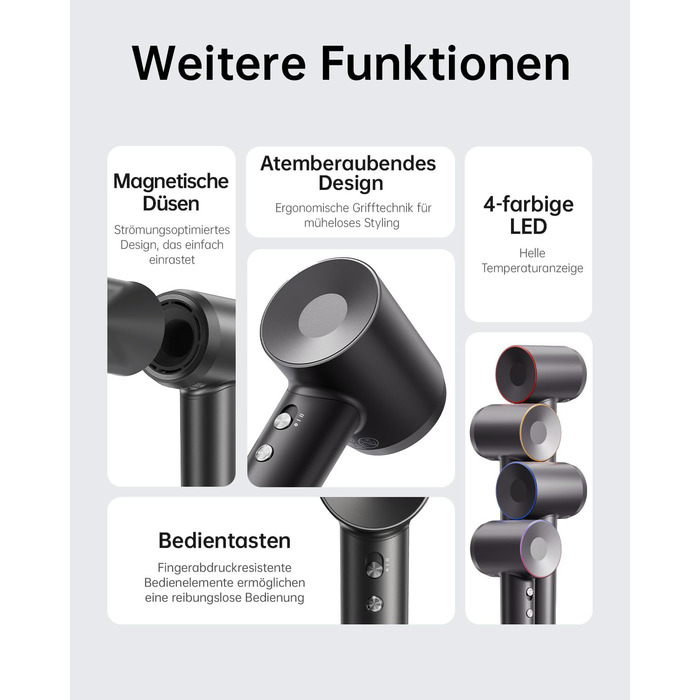 Фен Laifen з іонізацією 200 млн негативних іонів, 110 000 об/хв, для швидкого сушіння, безщітковий мотор, тихий, з магнітною насадкою (Swift, Чорний)