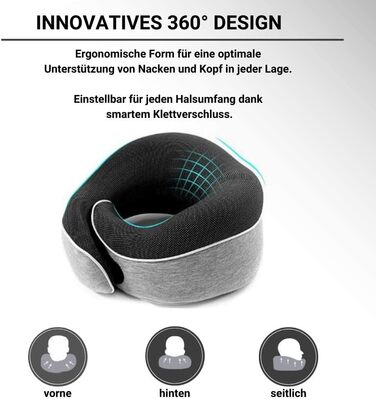 AIRTH® Подушка для шиї з піною Memory Foam 360° з кріпленням на липучці - Ергономічна підтримка шиї з знімним чохлом для максимального комфорту та відпочинку (Світло-сіра)