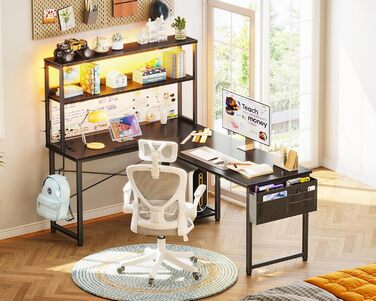 Ігровий стіл Coleshome L-подібної форми з LED-підсвічуванням та розетками, 135 × 100 см. Реверсивний кутовий стіл з полицями для зберігання, з кишенькою для аксесуарів. Чорний колір. Підходить для home office та геймінгу.