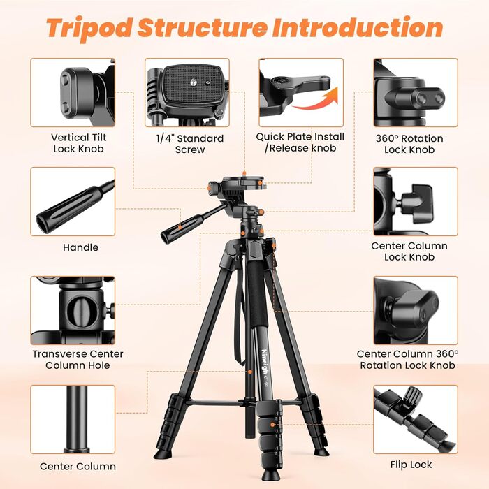 Штатив для камери та смартфона Nineigh, 190 см, з пусковим гачком, легкий алюмінієвий, з трьохсторонньою головкою, для iPhone/Samsung/Huawei/DSLR