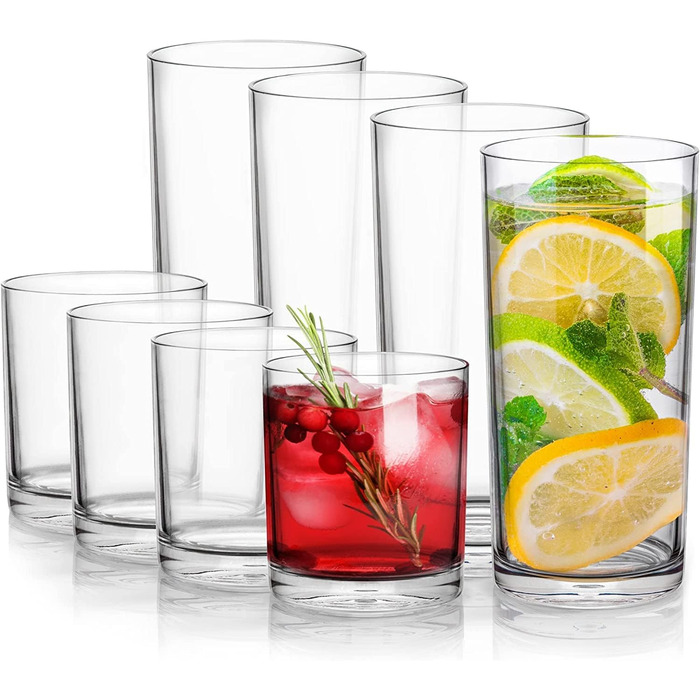Zulay Unzerbrechlich Plastic Drinking Glasses, 8 Pack, Transparent, 4 each: 340 ml and 473 ml, Acrylic Cups for Kitchen – Unbreakable, BPA-free, Dishwasher Safe, Plastic Glasses Set