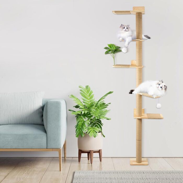 Кігтеточка-стійка для котів 206 см з натурального каучукового дерева, 5 ярусів, настінна, з широкою основою, плюшевими кульками, 360° обертання, XXL кігтеточка для котів для лазіння та дряпання