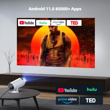 4K Міні проєктор Smart Beamers з WiFi 6, Bluetooth 5.0, поворотний 220°, Android 11.0 для дому та дітей. Підтримка HDMI, TV-Stick, USB, Laptop. Роздільна здатність 6-720p