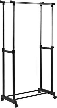 COSTWAY Clothes Rack with 2 Height-Adjustable Clothes Rods, Coat Rack on Wheels, Rolling Wardrobe, Clothes Cart, Stable Clothes Rack, 86 x 43 x 94-168cm, Black