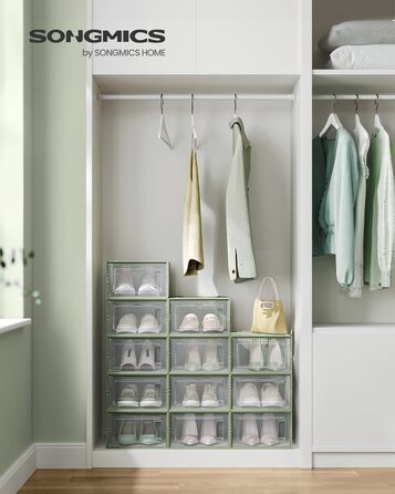 SONGMICS Shoe Boxes, 12-Piece Set, Plastic Shoe Organizer, Foldable and Stackable, for Shoes up to Size 44, Transparent-White LSP12SWT (12-Piece Set for Shoes up to Size 44, Transparent + Laurel Green)