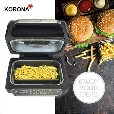 Аерогриль та гриль Korona 46160, 6 л, 8 функцій: фритюрниця, духовка, піца-піч, дегідратор, обсмажування, барбекю, 4 режими приготування, гриль-решітка, кошик, каструля