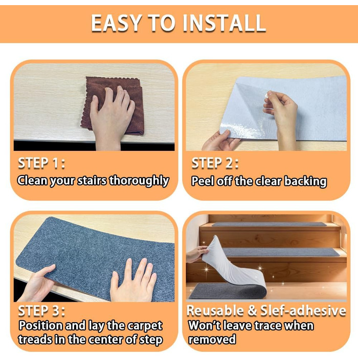 Набори килимків для сходів Aucuda, 15 шт., сірі, 76x20 см, антиковзаючі, самоклеючі, для захисту дерев'яних ступенів