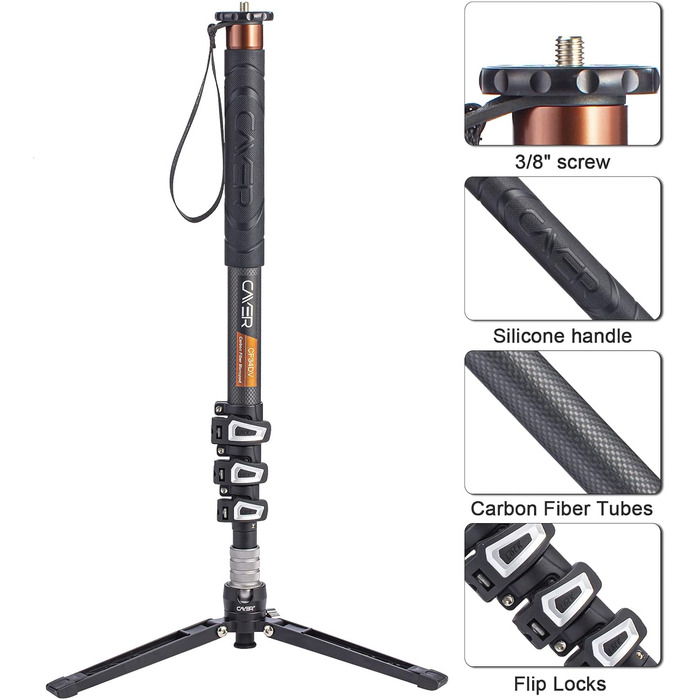 Штатив монопод Cayer з вуглецевого волокна, 172.7 см, телескопічний, для DSLR та відеокамер