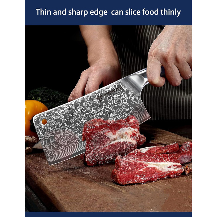 Ніж кухарський Sanmuzuo Hackmesser 17 см, професійний, Дамаск, серія Xuan, VG10 сталь, ручка з епоксидної смоли (сапфірово-блакитна)