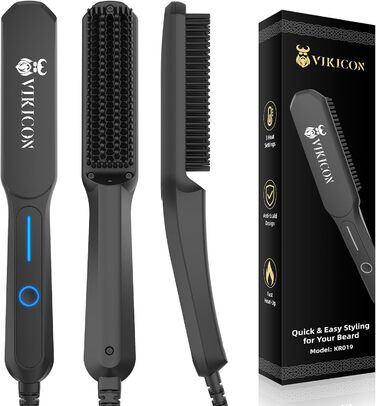 VIKICON Men's Beard Straightener Brush - Mini Pro Hair Straightener with Negative Ions, 3-Temp Settings, Portable & Fast for Beard & Hair Styling - Black