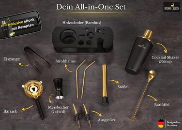 Barmingo Stainless Steel Cocktail Set - 11 Piece Bar Set with Shaker, Stand & Accessories | Cocktail Shaker Set | Bartender Set | Black & Gold
