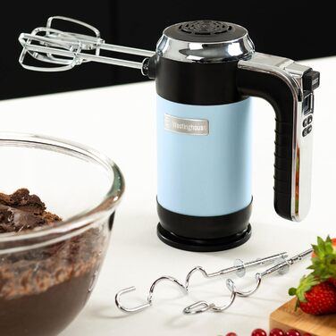 Westinghouse Retro Hand Mixer, 5 Speed Settings + Turbo Function, 2 Beaters, 2 Dough Hooks, LCD Display, Timer, Non-Slip Base, Storage Bag, 350 Watts, Light Blue