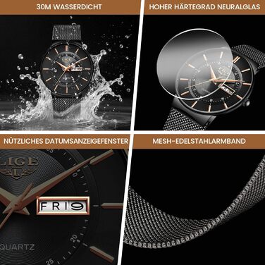 Годинник чоловічий LIGE з датою, водонепроникний, з нержавіючої сталі, аналоговий, вінтажний, кварцовий, чорний, для бізнесу, класичний, простий, з нержавіючої сталі, чоловічий годинник