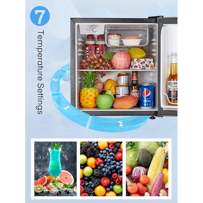 Міні-холодильник 46л з відділенням для льоду, чорного кольору. Енергоефективний, з регулюванням температури та змінним напрямком відкривання дверцят. Ідеально підходить для кухні, офісу, спальні, готелів та невеликих квартир.